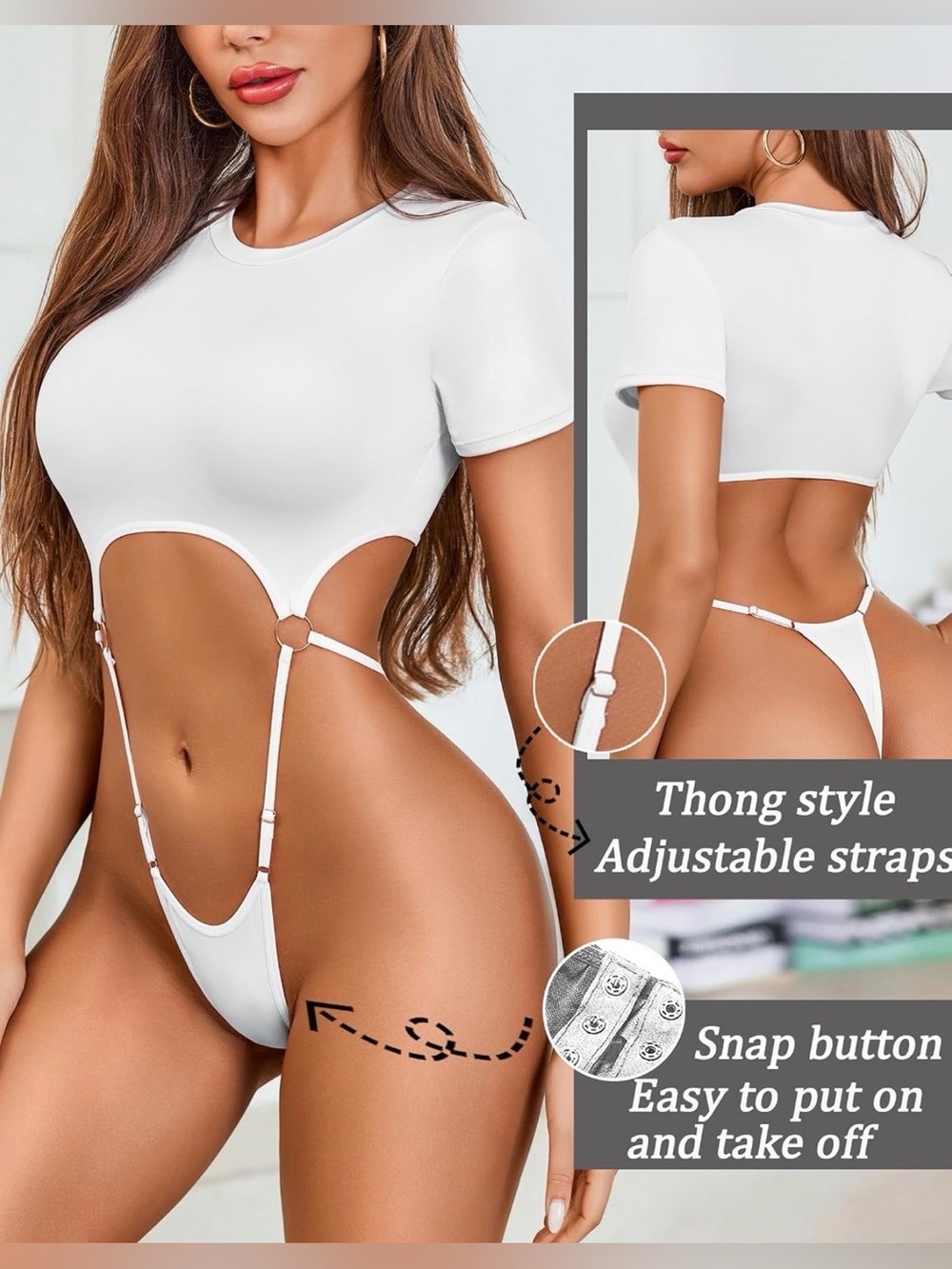 NWT Avidlove Women Cut Out Bodysuit Short Sleeve Crop Top White Medium - Picture 5 of 8